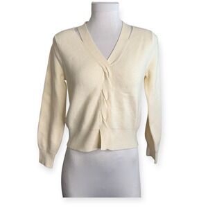 Cream Knit Twisted V Neck Cropped Cardigan Sweater Womens XS Mushroom Limited